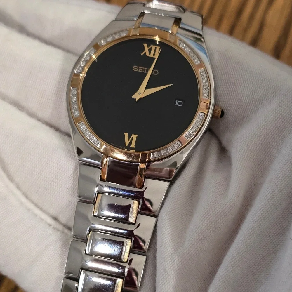 Seiko Women's Two Tone Watch Black Dial Crystal Bezel Date Stainless Steel‎ NWOT